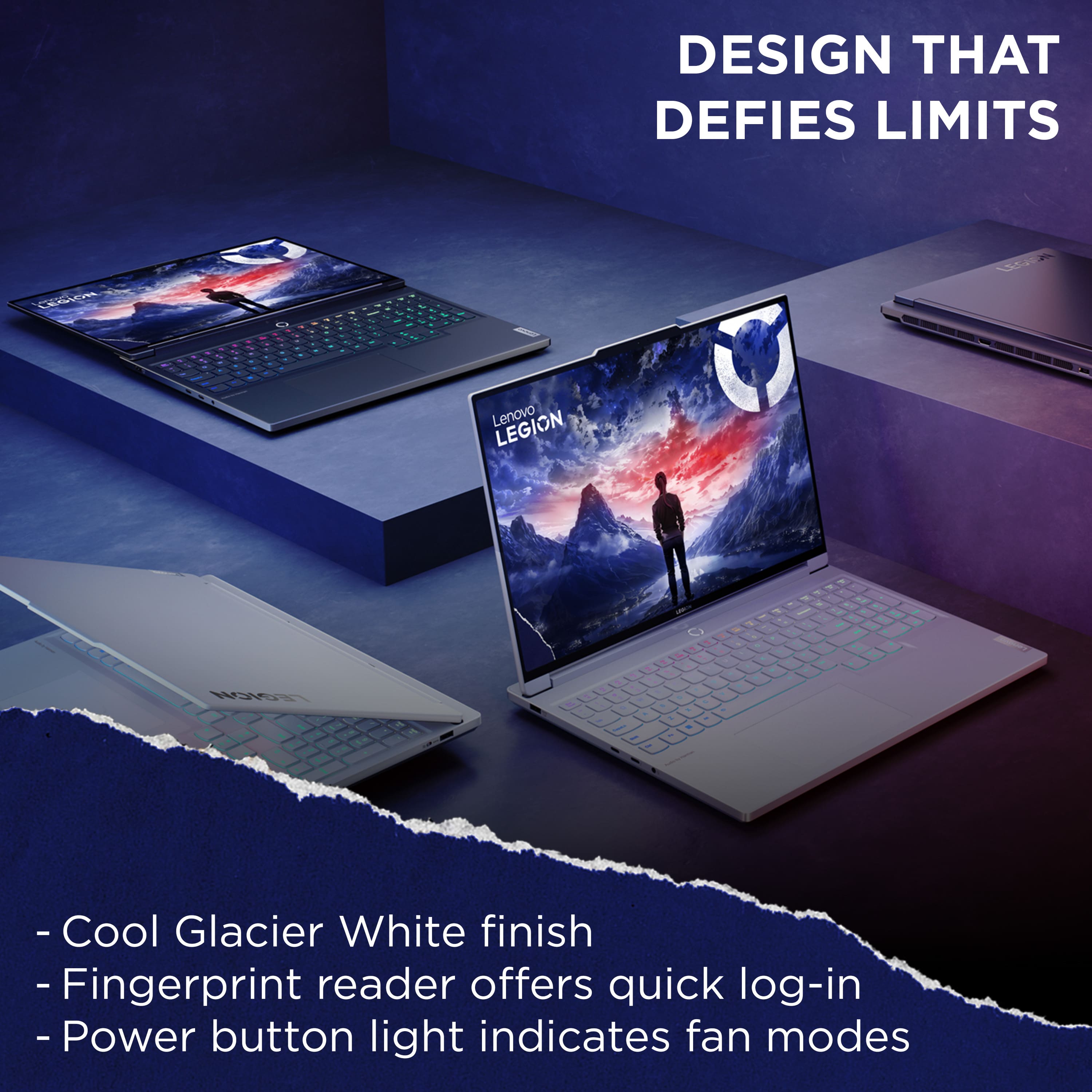 Design That Defies Limits - Lenovo Legion Y530 - Cool Glacier White finish - Fingerprint reader offers quick log-in - Power button light indicates fan modes.