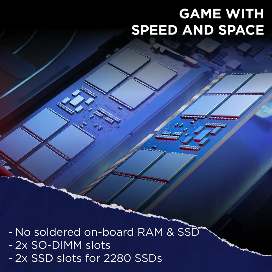 Game with Speed and Space - No soldered on-board RAM & SSD - 2x SO-DIMM slots - 2x SSD slots for 2280 SSDs