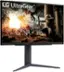 The image features a large LG UltraGear monitor with a dragon on the screen. The monitor is placed on a stand and is the main focus of the image.