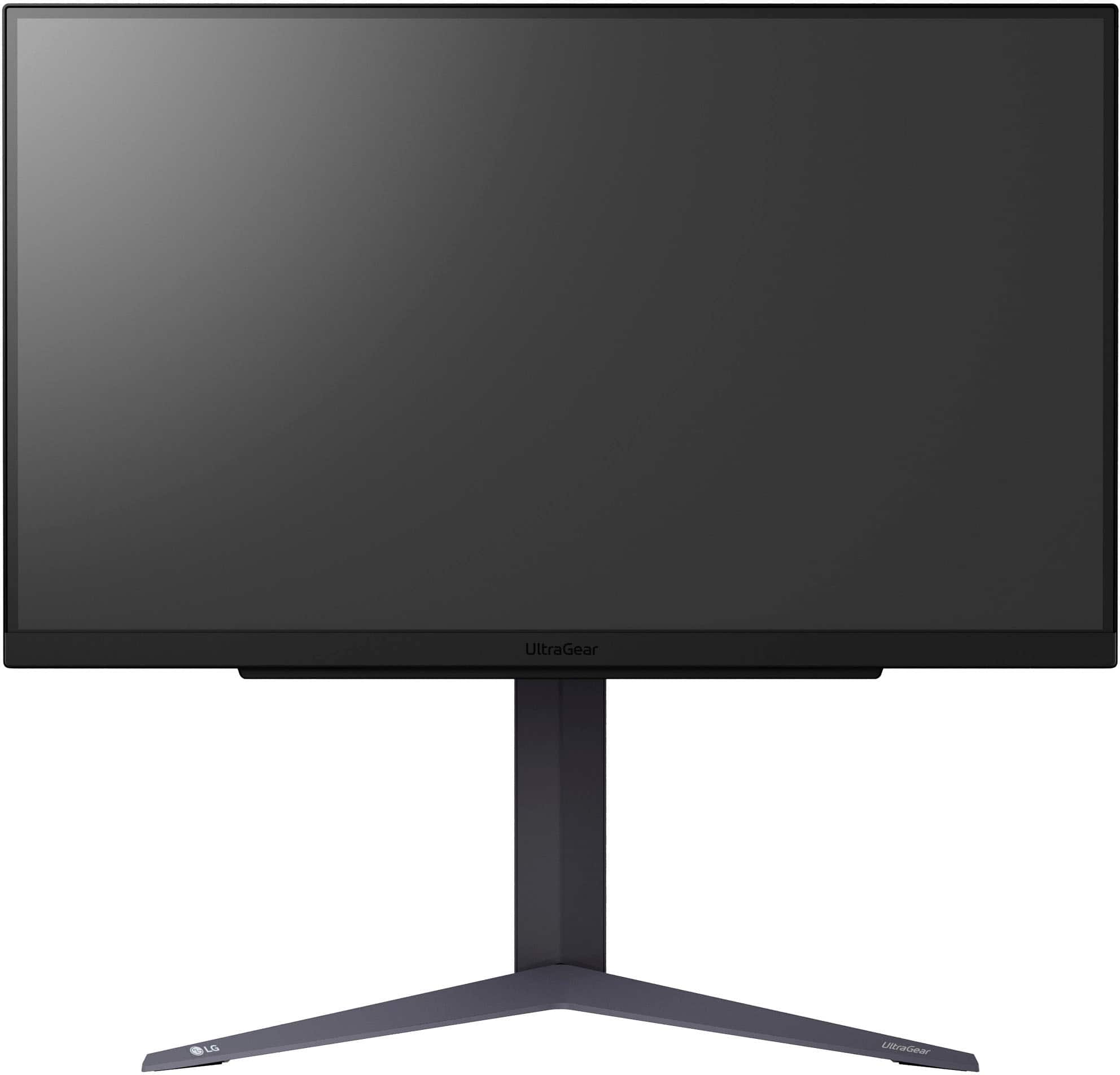 The image features a large black computer monitor, which is part of the UltraGear LA series. The monitor is mounted on a stand, and it has a sleek design that makes it stand out. The screen is empty, with no visible content or applications. The overall appearance of the monitor is modern and visually appealing.