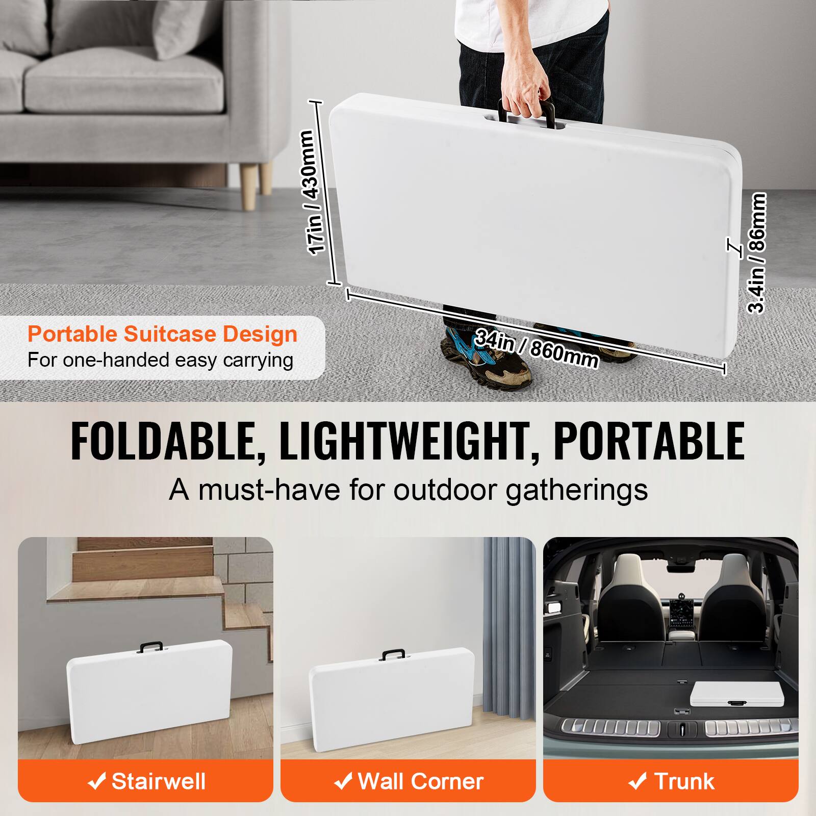 34in / 860mm, 430mm / 17in, 86mm / 3.4in, FOLDABLE, LIGHTWEIGHT, PORTABLE, A must-have for outdoor gatherings, Portable Suitcase Design, For one-handed easy carrying, Stairwell, Wall Corner, Trunk