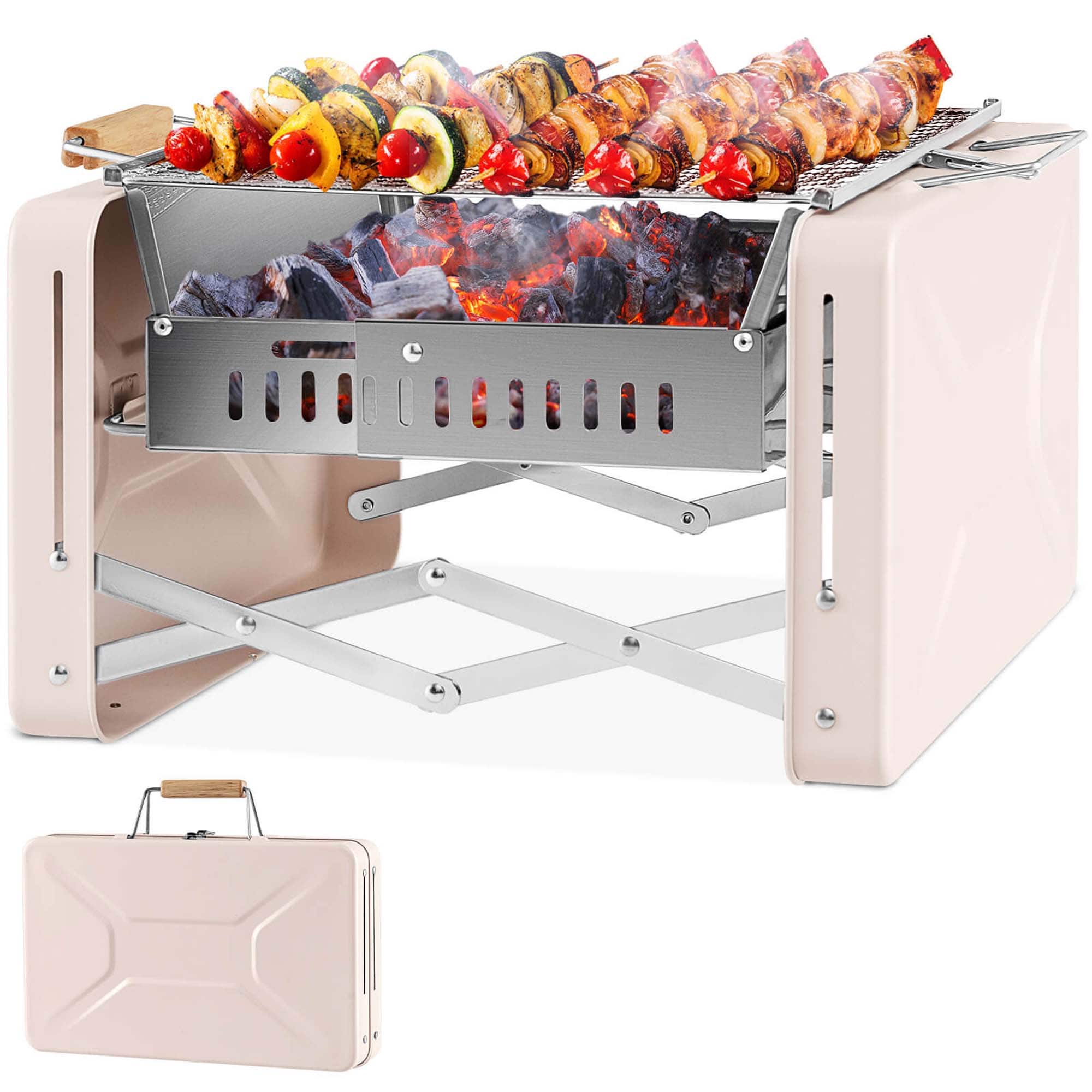 Angle. Costway - Outdoor Charcoal Grill with 2 Stainless Steel Grill Nets Charcoal Box for Camping - Beige + Silver.