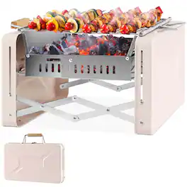 Costway - Outdoor Charcoal Grill with 2 Stainless Steel Grill Nets Charcoal Box for Camping - Beige + Silver