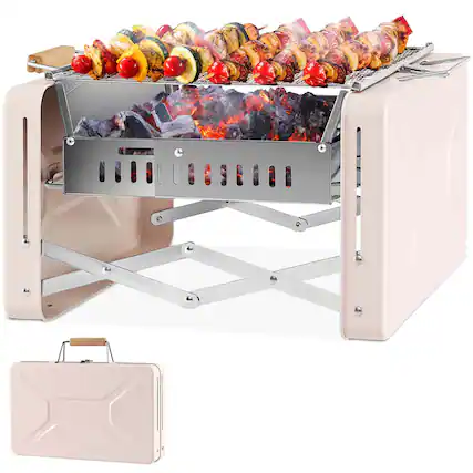 Angle. Costway - Outdoor Charcoal Grill with 2 Stainless Steel Grill Nets Charcoal Box for Camping - Beige + Silver.