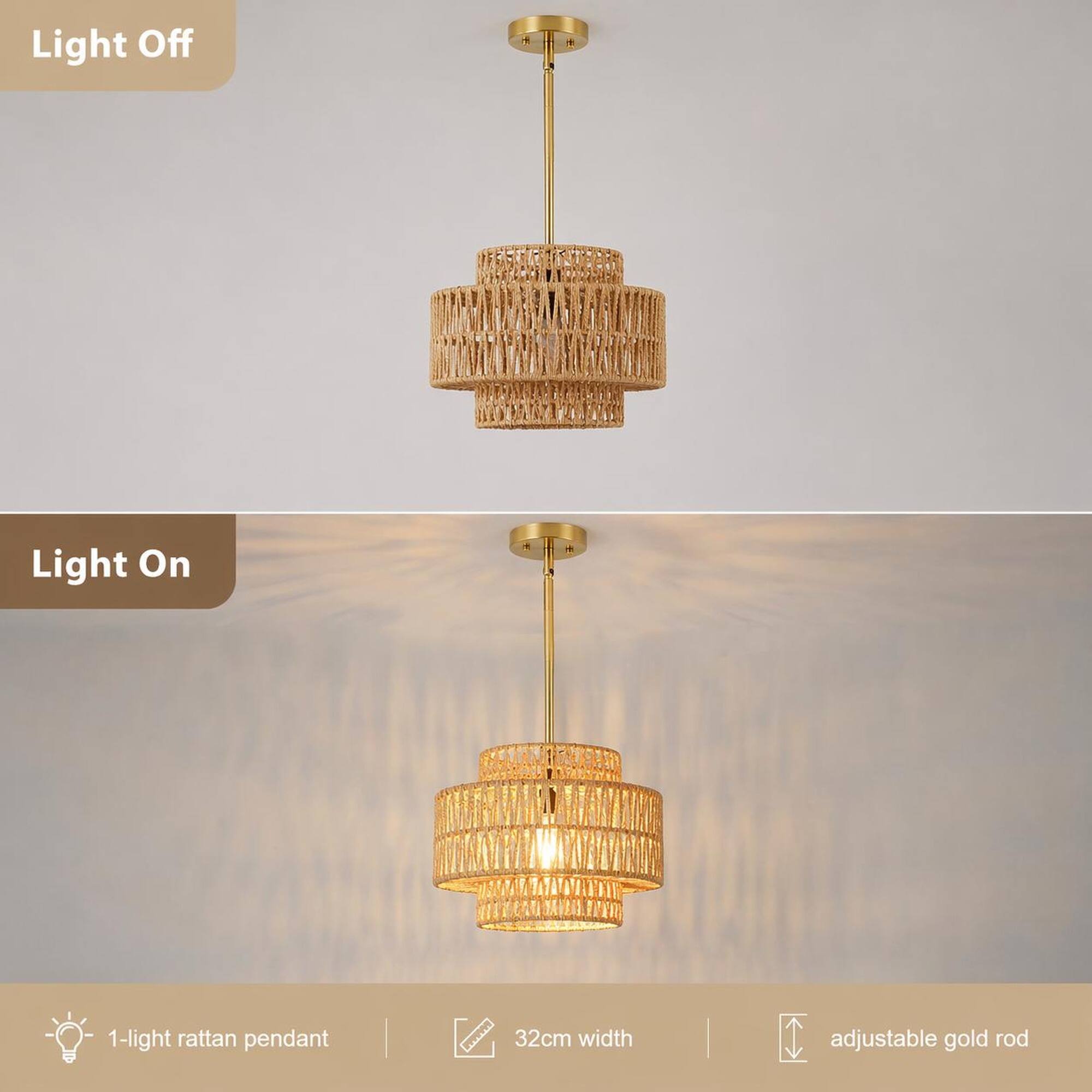 Light Off  
Light On  

1-light rattan pendant  
32cm width  
adjustable gold rod