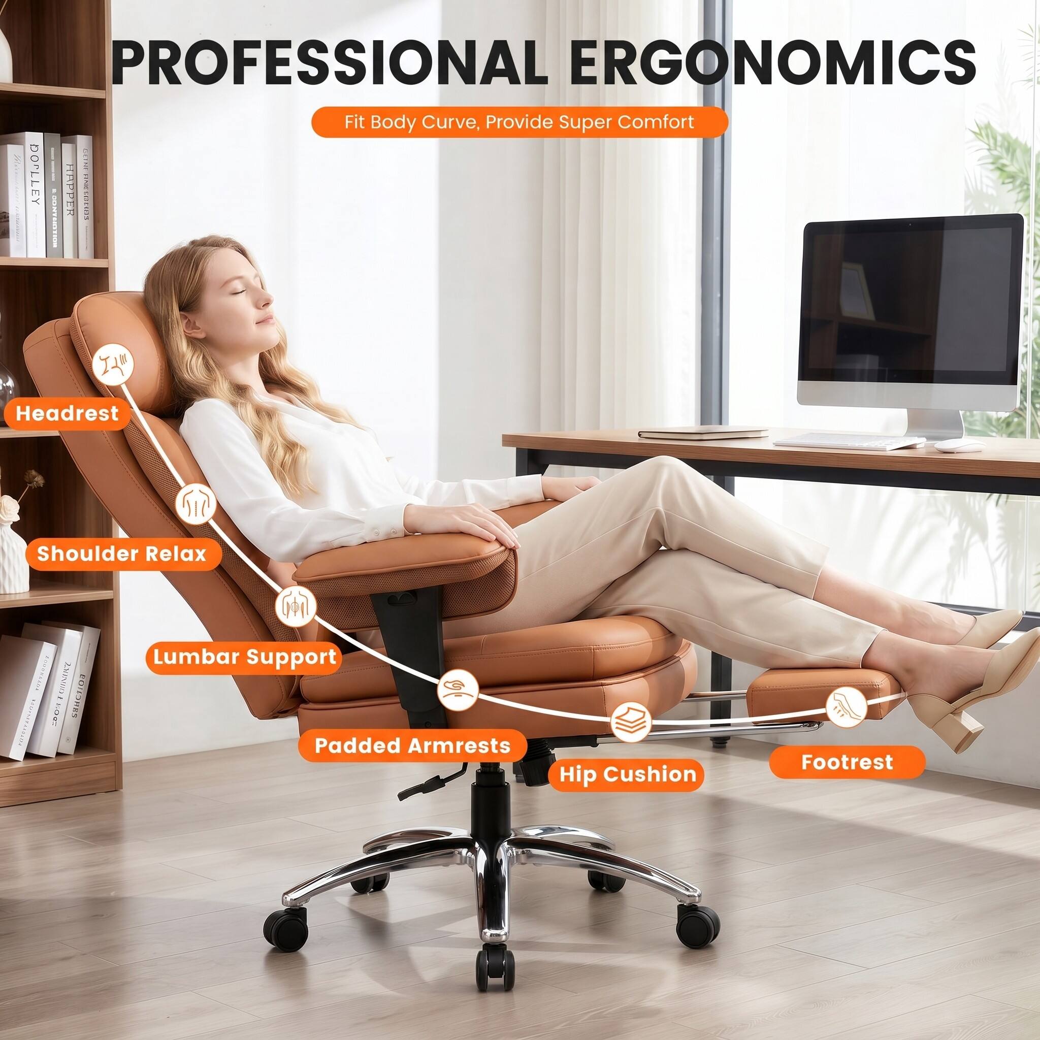 PROFESSIONAL ERGONOMICS  
Fit Body Curve, Provide Super Comfort  

- Headrest  
- Shoulder Relax  
- Lumbar Support  
- Padded Armrests  
- Hip Cushion  
- Footrest