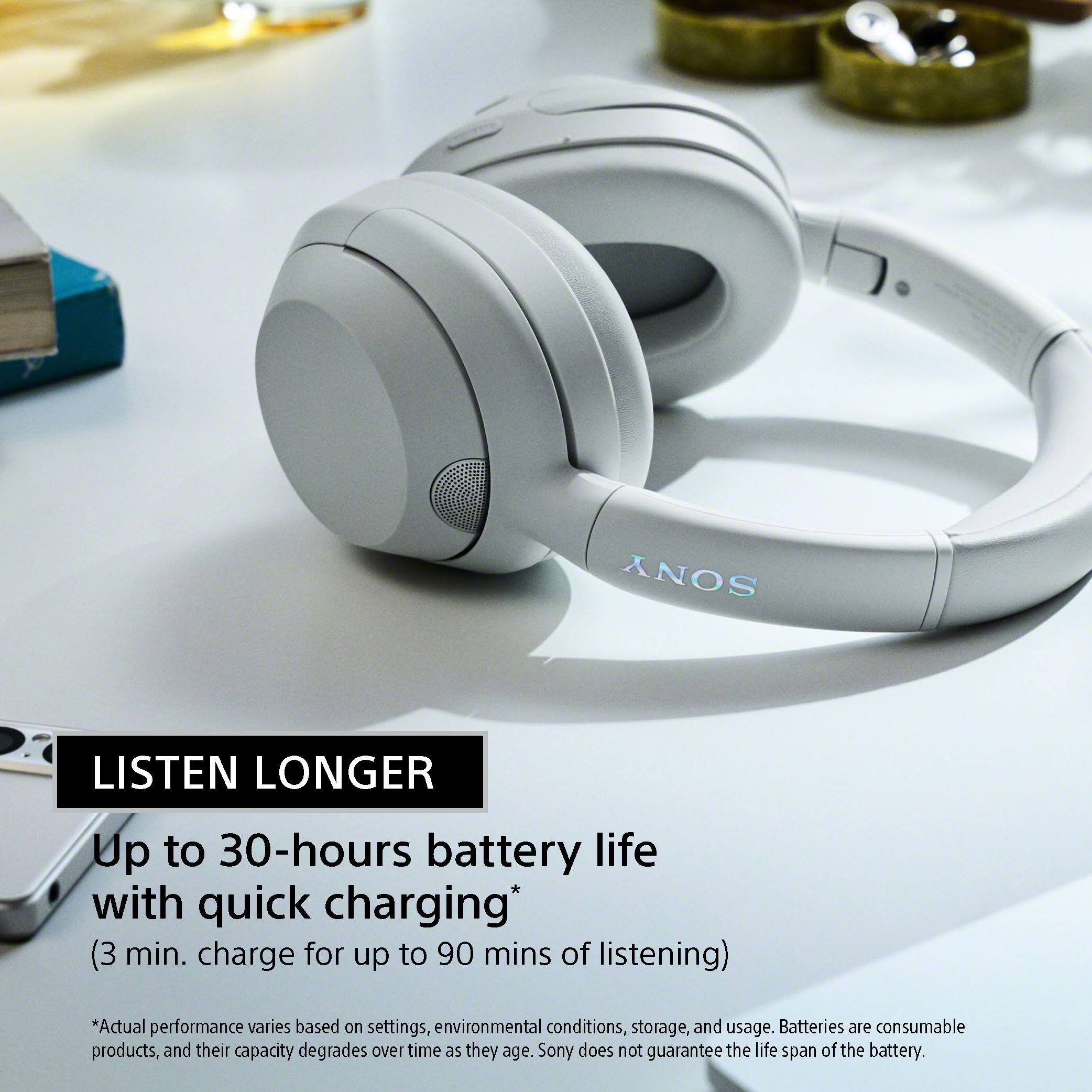 Listen Longer: Up to 30-hours battery life with quick charging (3 min. charge for up to 90 mins of listening). Actual performance varies based on settings, environmental conditions, storage, and usage. Batteries are consumable products, and their capacity degrades over time as they age. Sony does not guarantee the life span of the battery.