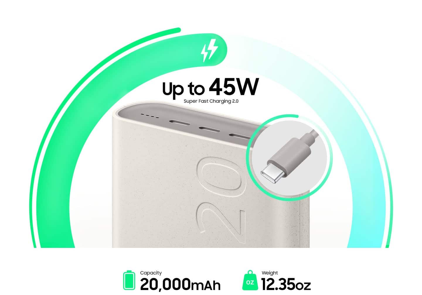 Up to 45W Super Fast Charging 2.0 20,000mAh 20 Capacity Weight 12.35oz