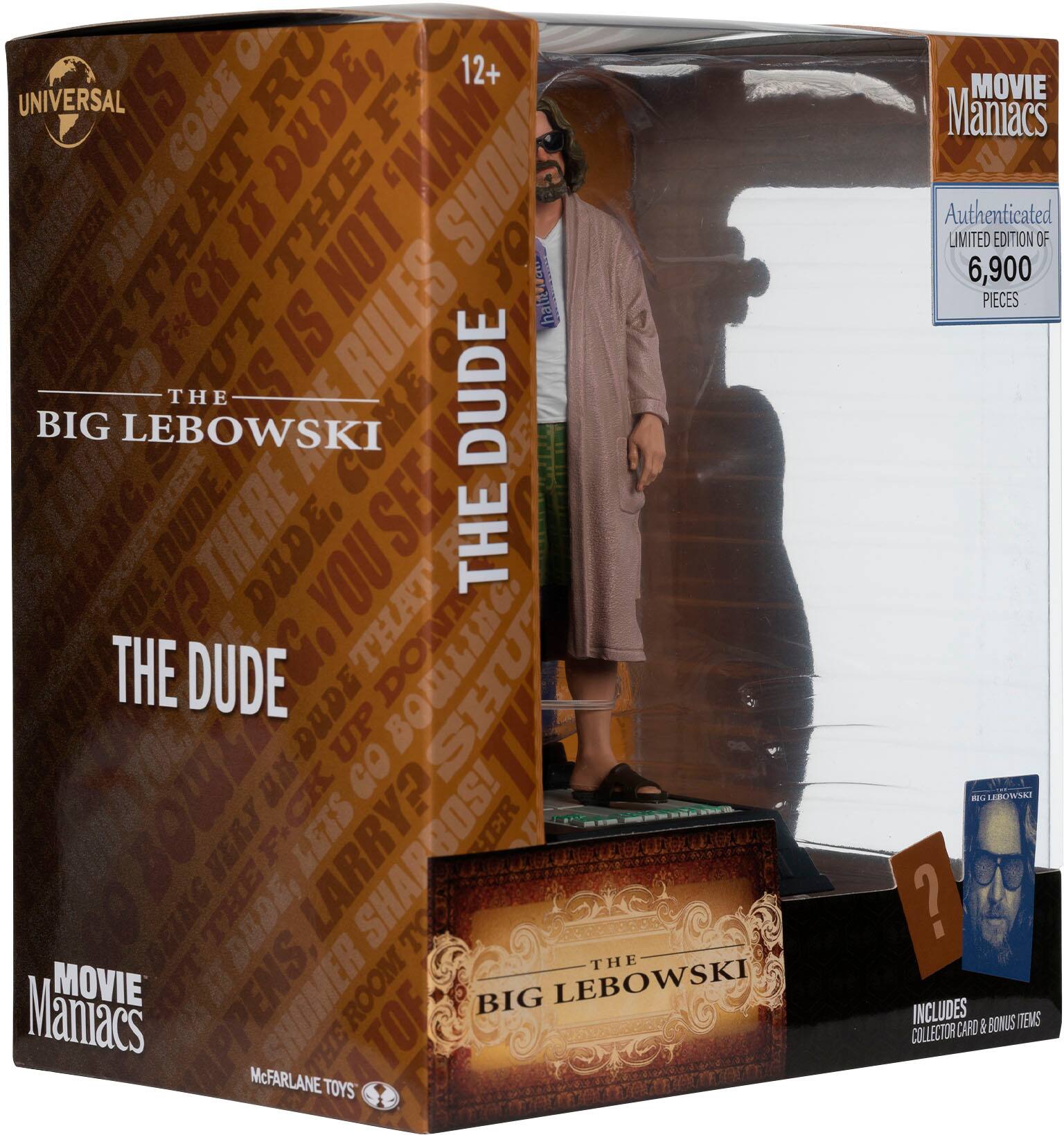 The Big Lebowski Dude Movie Maniacs Limited Edition Figure by McFarlane Toys is a collectible item for fans of the movie. The figure is a 12-inch version of the character, the Dude, and comes with a certificate of authenticity. The box is designed to look like a movie poster, and the figure is displayed in a glass case. The limited edition of 6,900 pieces makes it a unique collectible for fans of the movie.