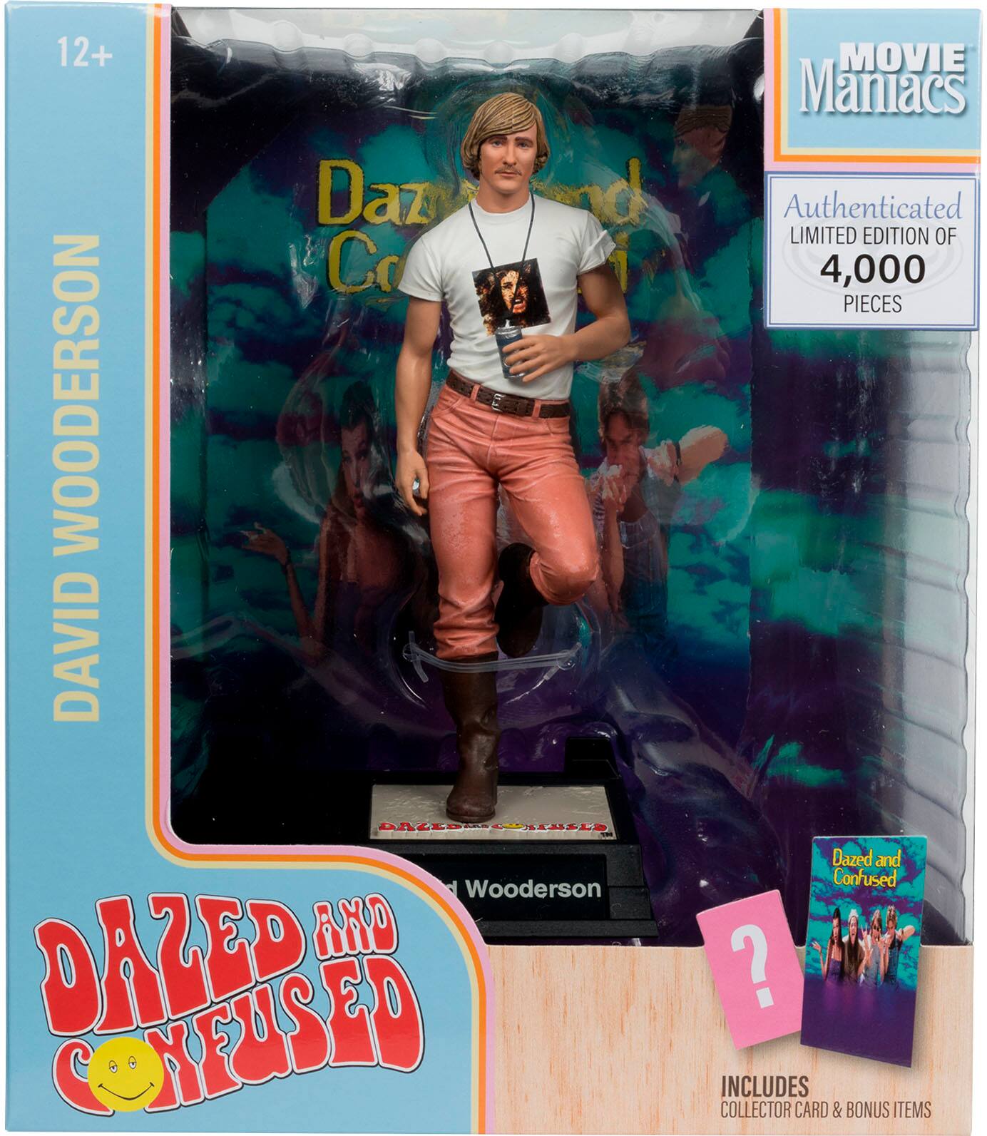 The image features a limited edition David Wooderson action figure from the movie Dazed and Confused. The figure is part of the Movie Maniacs series and is authenticated. It is a collectible item and comes with a collector card and six bonus items. The figure is displayed in a box, and the packaging is designed to resemble a book.