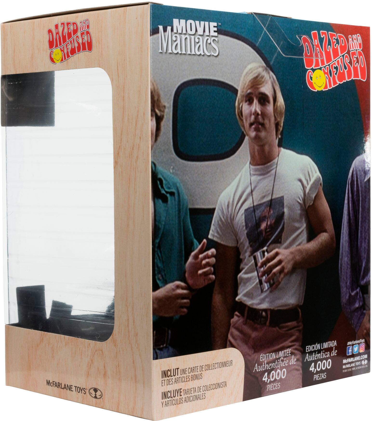 The image features a box containing a collection of movie memorabilia, including a Dazer used in the movie Maniacs. The box is made of wood and has a picture of a man on it. The box is labeled "Dazer used in Movie Maniacs" and is limited edition. It also includes a collector's card and an authenticity certificate from Marla.com. The box is filled with various items, and it is described as having 4,000 pieces, including bonus items.