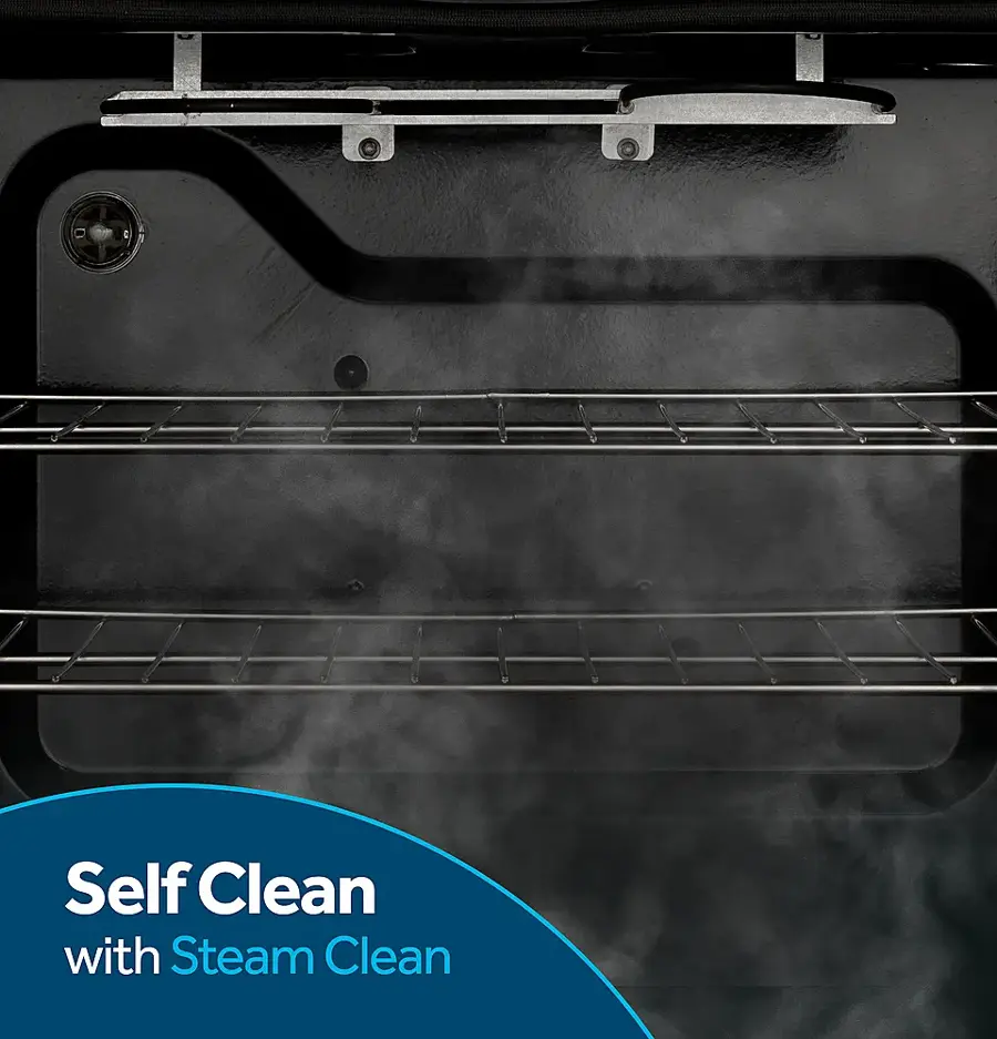 The image features a black oven with a glass door, and it appears to be a steam oven. The oven is open, and the interior is filled with steam, indicating that it is in the process of self-cleaning. The oven is likely using steam to clean the interior, making it a convenient and eco-friendly option for maintaining cleanliness.