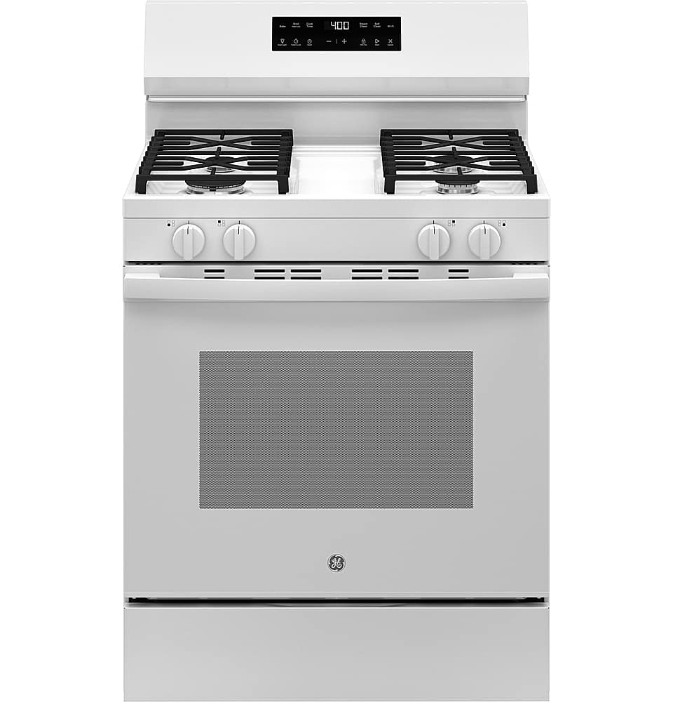 Front. GE - 5.3 Cu.Ft. Freestanding Gas Range with Self-Clean and Steam Cleaning Option and Built-In Wi-Fi - White.