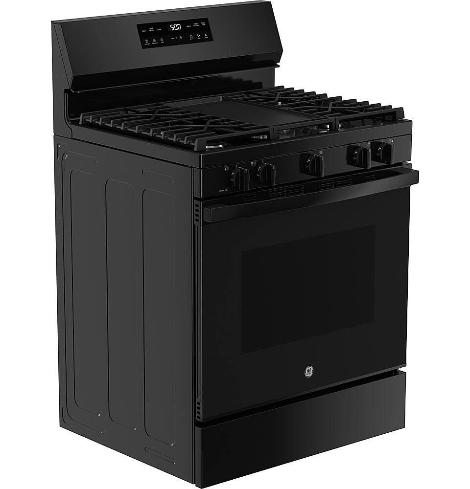 Angle. GE - 5.3 Cu. Ft. Freestanding Gas Range with Self-Clean and Steam Cleaning Option and Crisp Mode - Black.