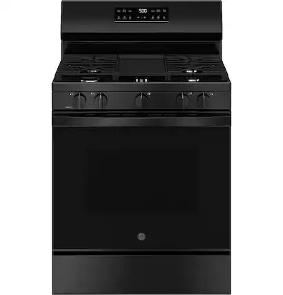 Front. GE - 5.3 Cu. Ft. Freestanding Gas Range with Self-Clean and Steam Cleaning Option and Crisp Mode - Black.