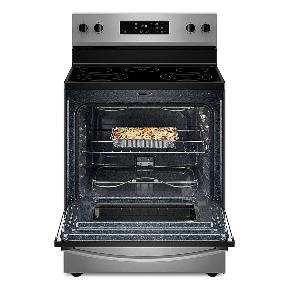 Left. Whirlpool - 5.3 Cu. Ft. Freestanding Electric Range with Cooktop Flexibility - Stainless Steel.