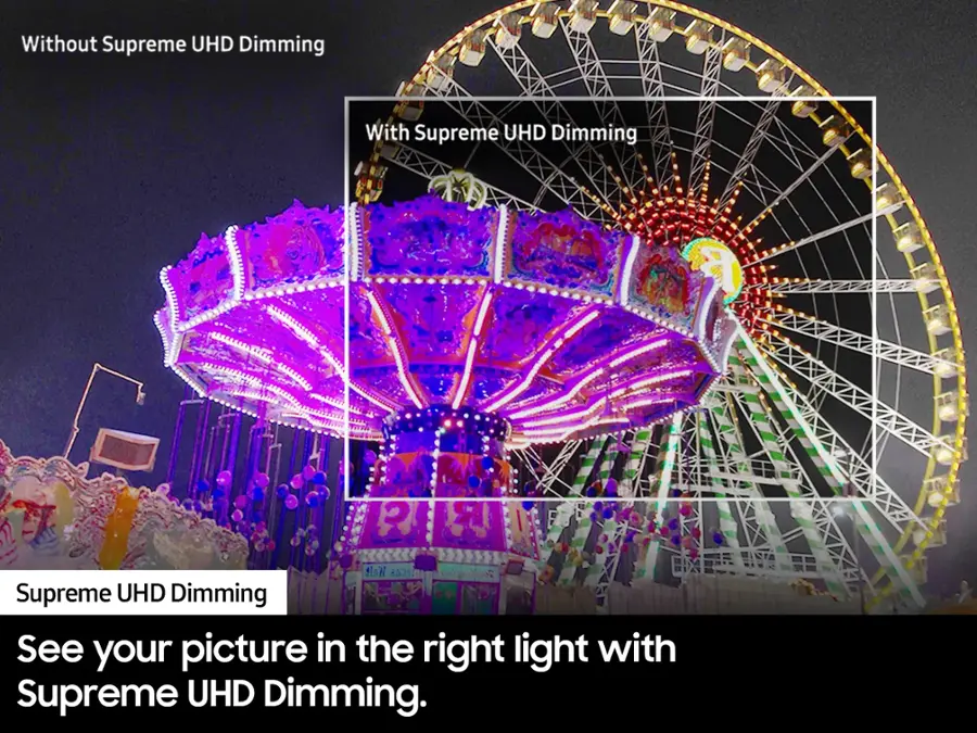 The largest text reads "Without Supreme UHD Dimming" and "With Supreme UHD Dimming". The text is cleaned up to emphasize the difference between the two options.