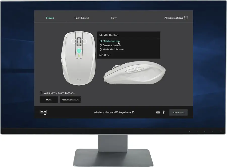 The text on the image is grouped as follows:

1. Mouse Point & Scroll Flow All Applications: Middle Button, Middle button Gesture button, Mode shift button
2. MORE logi: Swap Left / Right Buttons, RESTORE DEFAULTS
3. logi Wireless Mouse MX Anywhere 2S: ADD DEVICES