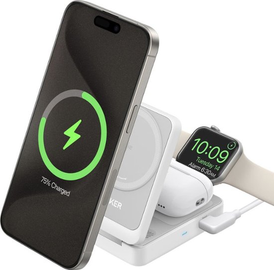 Front Zoom. Anker MagGo Wireless Charging Station - White.