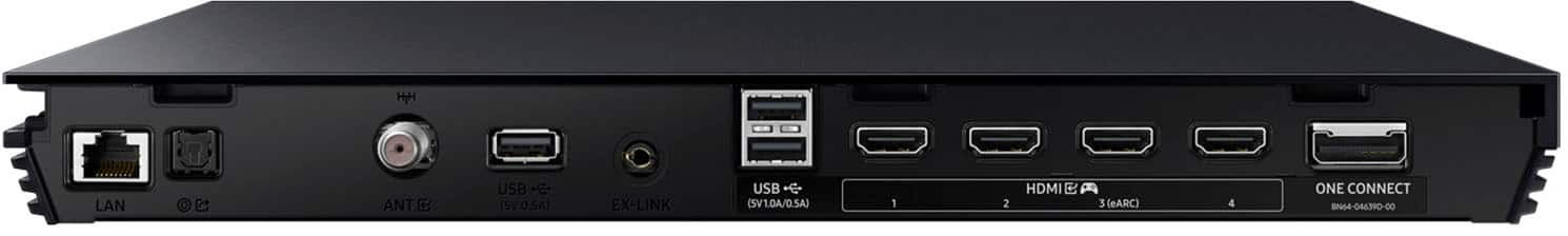 The image features a black computer tower with a total of six ports. These ports include two USB ports, two HDMI ports, and two other ports. The computer tower is likely designed for a variety of connectivity options, such as USB devices, HDMI displays, and other peripherals. The cleaned-up text for the image would be: "A black computer tower with six ports, including two USB ports, two HDMI ports, and two other ports."
