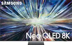 The image features a Samsung Neo QLED 8K television, which is the largest text in the image. The television is displayed in a large, brightly lit room, with a blue and green background. The screen is filled with a colorful and dynamic scene, showcasing the high-quality display capabilities of the Neo QLED 8K TV.