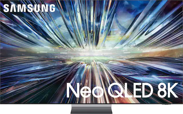 The image features a Samsung Neo QLED 8K television, which is the largest text in the image. The television is displayed in a large, brightly lit room, with a blue and green background. The screen is filled with a colorful and dynamic scene, showcasing the high-quality display capabilities of the Neo QLED 8K TV.