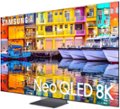 The image features a large Samsung Neo QLED 8K television with a blue background. The TV screen is displaying a colorful and dynamic scene, likely showcasing the capabilities of the Neo QLED technology. The television is positioned in the center of the image, drawing attention to its impressive size and resolution.