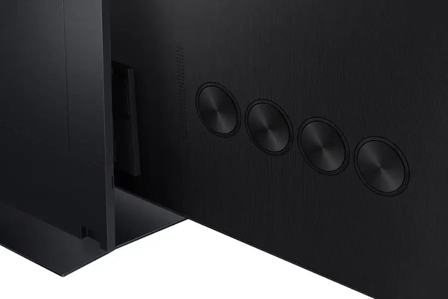 The image features a Samsung advertisement with a focus on their TVs. The advertisement highlights five reasons why their TVs are awesome, including AI Upscaling, Endless Content, Connectivity, 8K, and SmartThings. The advertisement also emphasizes the importance of security and sustainability in their products. The image showcases a Samsung TV with a remote control in the foreground, emphasizing the ease of use and convenience of their TVs.