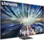 The image features a large Samsung Neo QLED 8K television screen. The TV screen is displaying a colorful, dynamic scene with bright colors and light streaks. The screen is placed on a stand, and the TV is prominently displayed in the image.