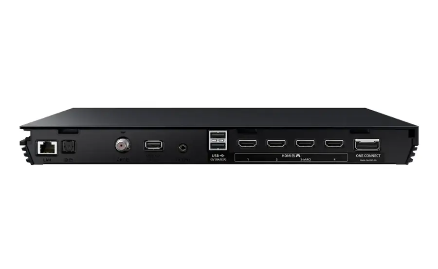 The image features a black computer tower with a total of six ports. These ports include two USB ports, two HDMI ports, and two other ports. The computer tower is likely designed for a variety of connectivity options, such as USB devices, HDMI displays, and other peripherals. The cleaned-up text for the image would be: "A black computer tower with six ports, including two USB ports, two HDMI ports, and two other ports."