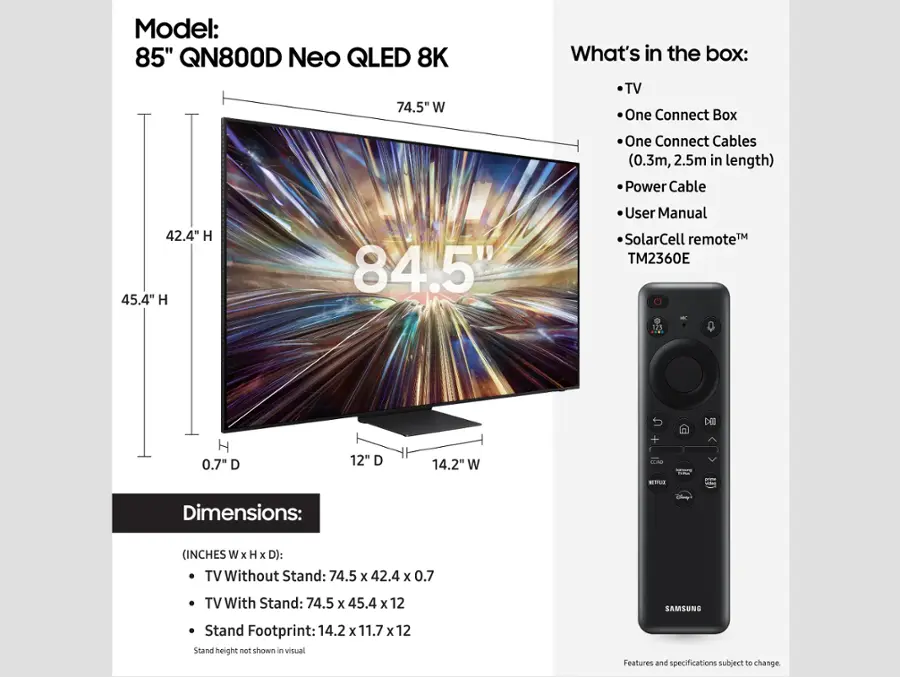 The image features a large 85" QN800D Neo QLED 8K television with a solar cell remote. The television is placed on a stand, and the box it came in is also visible. The dimensions of the TV are 74.5" W x 42.4" H x 0.7" D. The box contains a TV, One Connect Box, One Connect Cables (0.3m and 2.5m in length), a power cable, and a user manual. The solar cell remote is also included in the box.