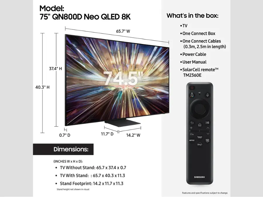 The image features a large 75" QN800D Neo QLED 8K TV, which is displayed in a box. The TV is accompanied by a remote control and a user manual. The TV dimensions are 65.7" W x 37.4" H x 0.7" D without a stand and 65.7 x 40.3 x 11.3" D with a stand. The stand footprint is 14.2 x 11.7 x 11.3". The TV is a solar-powered remote control, which is an eco-friendly feature.