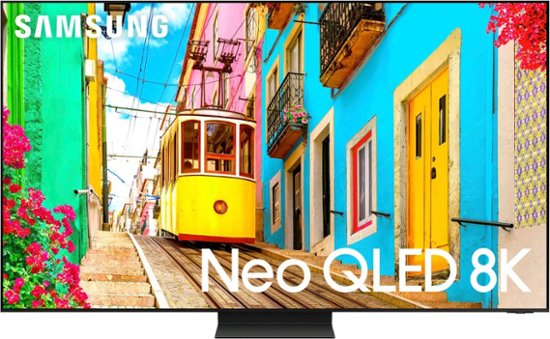 The image features a large Samsung Neo QLED 8K television screen with a vibrant and colorful display. The screen is prominently placed in the center of the image, capturing attention. The TV screen is surrounded by a white background, which helps to emphasize the vivid colors and details of the display. The Samsung logo is also visible at the top left corner of the image, further emphasizing the brand and model of the television.
