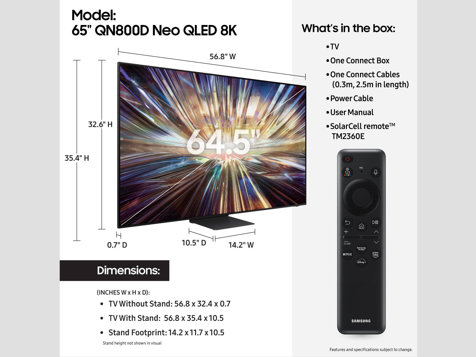 The image features a large 65" QN800D Neo QLED 8K TV with a solar-powered remote control. The TV is placed on a stand, and the dimensions of the TV are 56.8 x 35.4 x 10.5 inches. The TV comes with a One Connect Box and One Connect Cables, which are 0.3m and 2.5m in length, respectively. The TV also includes a power cable and a user manual. The solar-powered remote control is a unique feature of this TV, making it an eco-friendly choice.