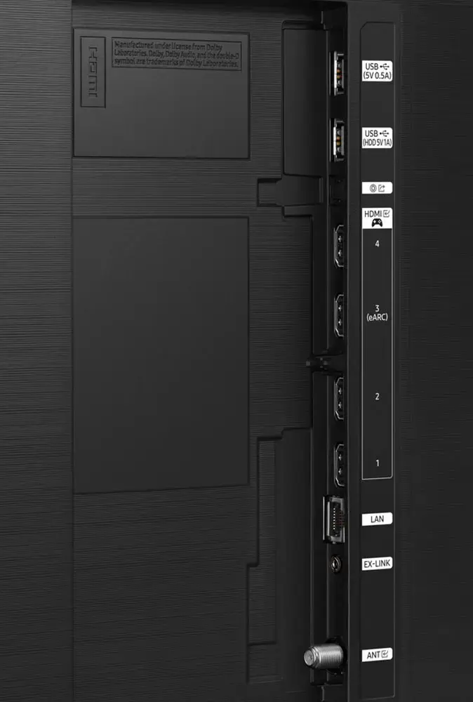 The image features a black box with a USB port and HDMI connectors. The box is manufactured under license from Dalby Laboratories and has the Senten symbol on it. It is a television that supports USB, HDMI, and LAN connections.