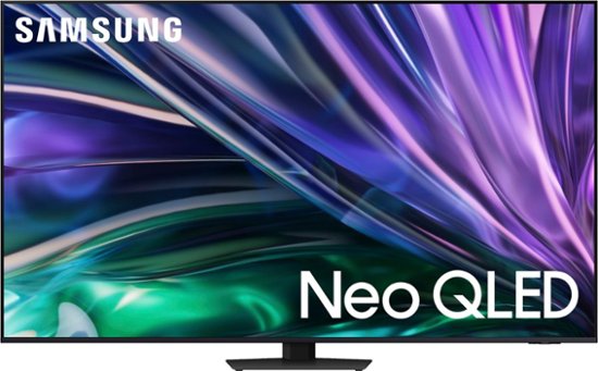 The image features a large Samsung Neo QLED television screen with a vibrant purple and green background. The screen is prominently displayed, showcasing the high-quality display and the advanced technology behind the Neo QLED TV. The image emphasizes the impressive visual experience that the Samsung Neo QLED TV offers, making it an attractive option for consumers looking for a top-notch television.