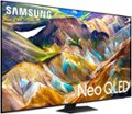 The image features a large Samsung Neo QLED TV, which is the number one TV brand for 18 years. The TV has a purple background and is prominently displayed in the image.