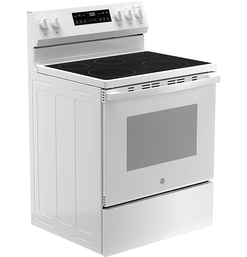Angle. GE - 5.3 Cu. Ft. Freestanding Electric Range with Self-Clean and Steam Cleaning Option and Crisp Mode - White.