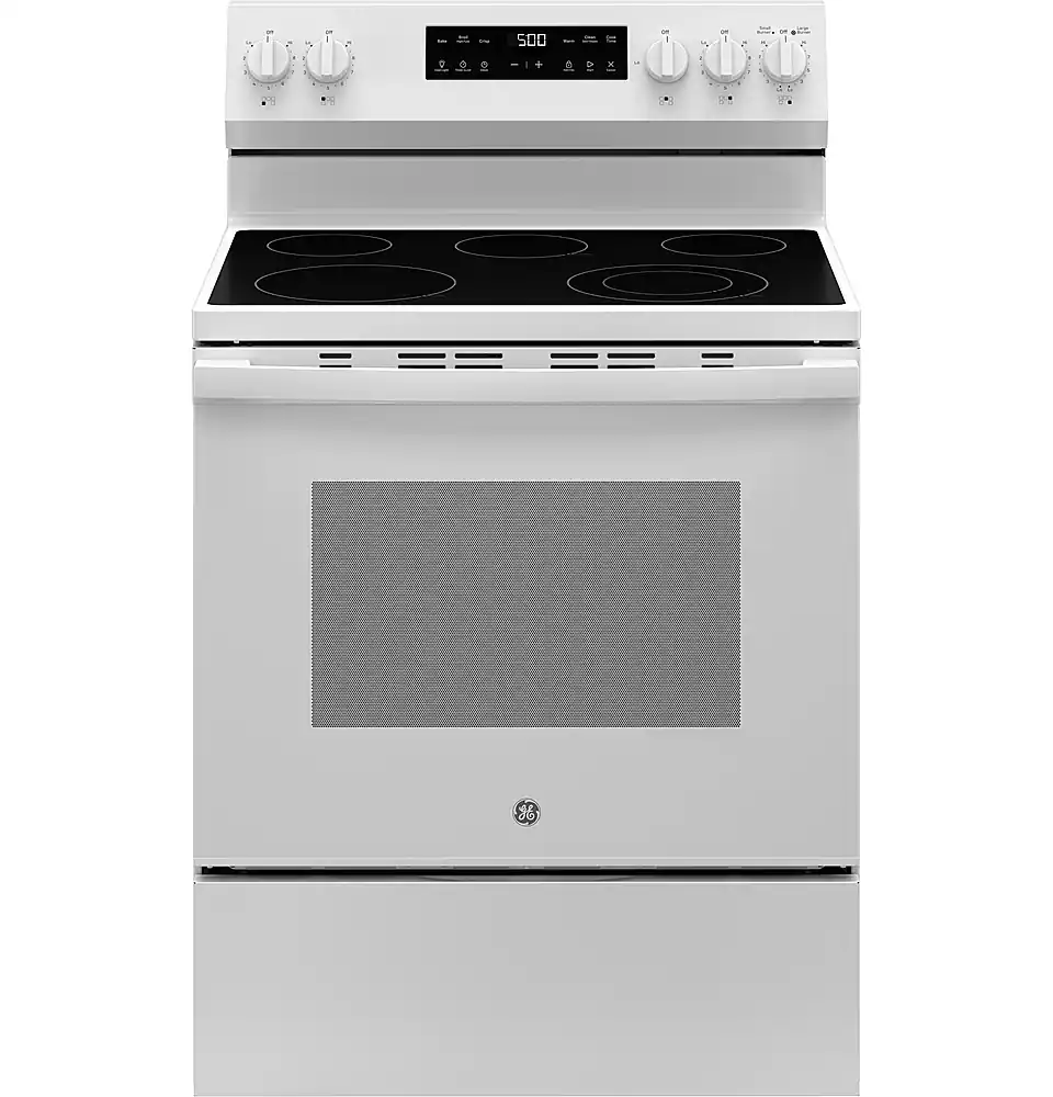 Front. GE - 5.3 Cu. Ft. Freestanding Electric Range with Self-Clean and Steam Cleaning Option and Crisp Mode - White.