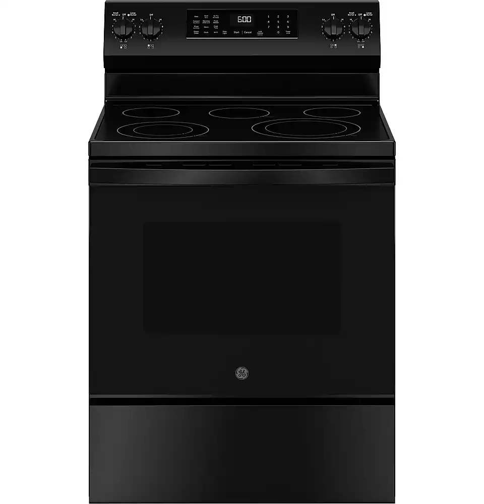 Front. GE - 5.3 Cu. Ft. Freestanding Electric Convection Range with Steam Cleaning and EasyWash Tray - Black.