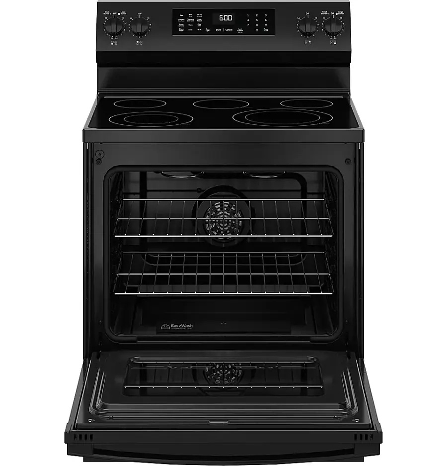 Alt View 17. GE - 5.3 Cu. Ft. Freestanding Electric Convection Range with Steam Cleaning and EasyWash Tray - Black.