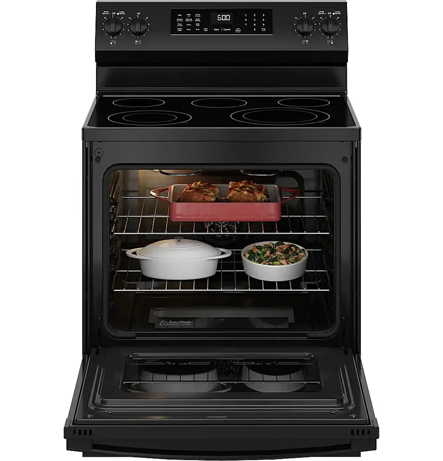 Alt View 21. GE - 5.3 Cu. Ft. Freestanding Electric Convection Range with Steam Cleaning and EasyWash Tray - Black.