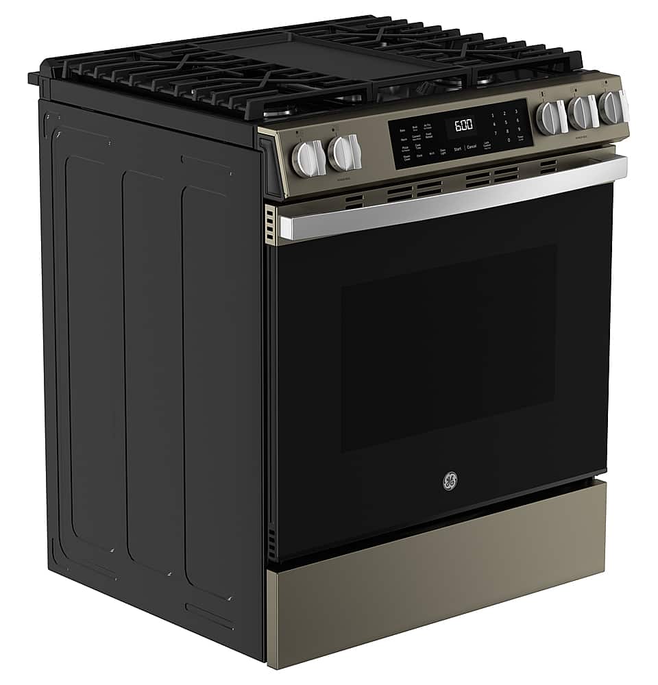 Angle. GE - 5.3 Cu. Ft. Slide-In Gas Convection Range with Steam Cleaning and EasyWash Tray - Slate.