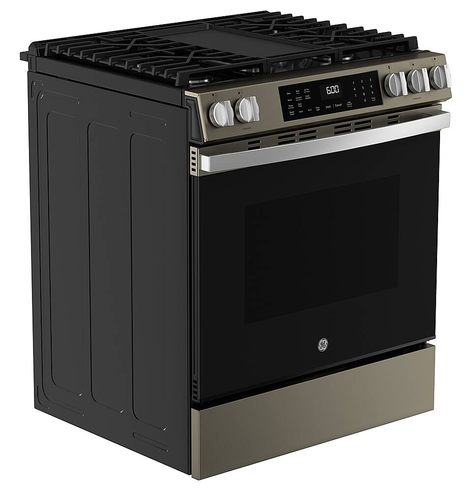Angle. GE - 5.3 Cu. Ft. Slide-In Gas Convection Range with Steam Cleaning and EasyWash Tray - Slate.