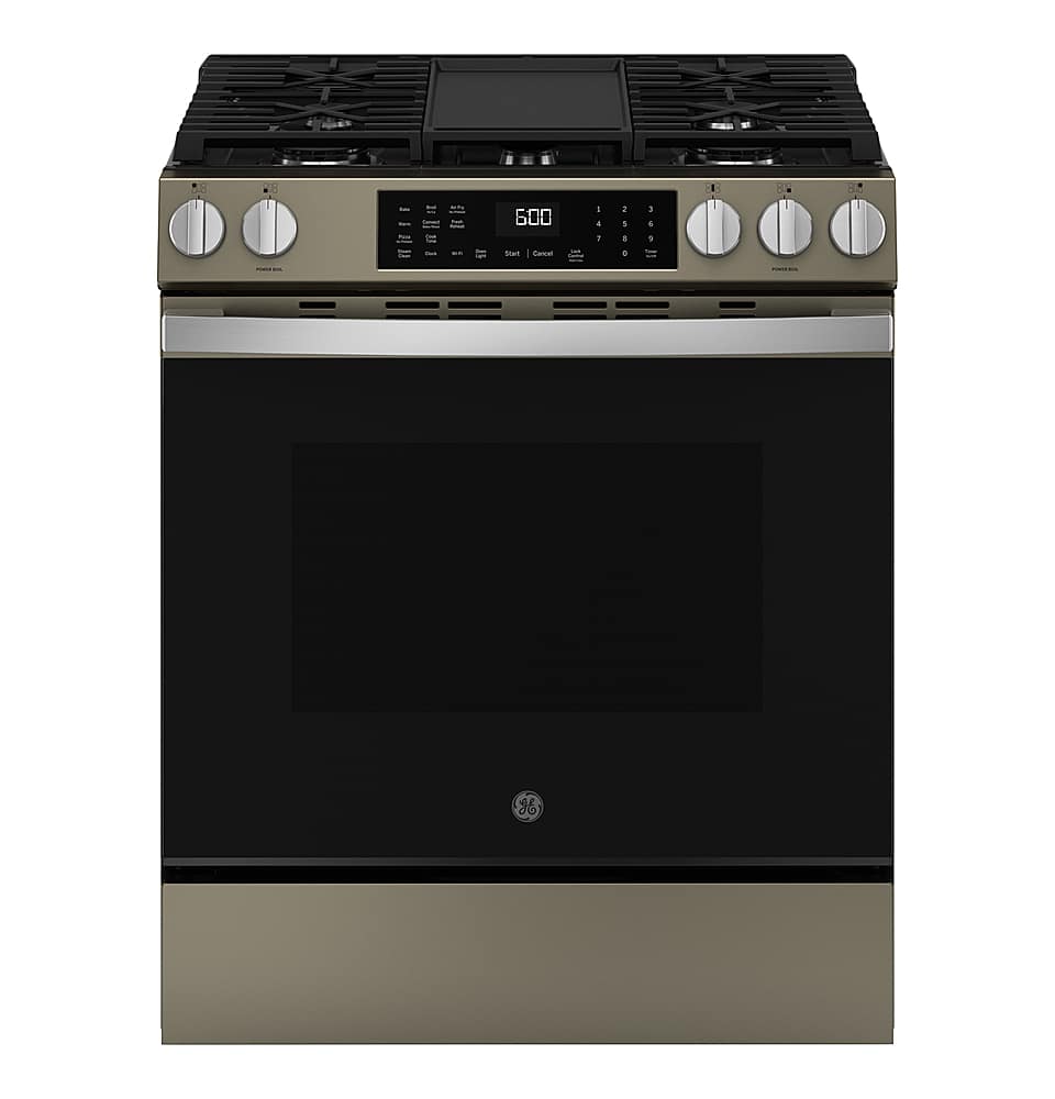 Front. GE - 5.3 Cu. Ft. Slide-In Gas Convection Range with Steam Cleaning and EasyWash Tray - Slate.