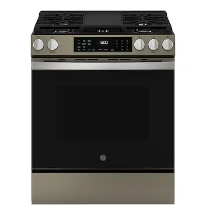 Front. GE - 5.3 Cu. Ft. Slide-In Gas Convection Range with Steam Cleaning and EasyWash Tray - Slate.
