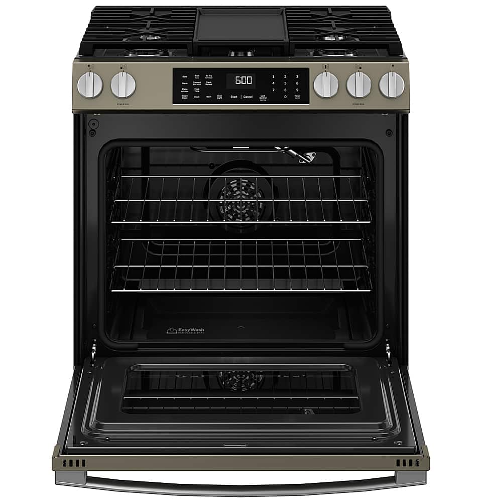 Alt View 23. GE - 5.3 Cu. Ft. Slide-In Gas Convection Range with Steam Cleaning and EasyWash Tray - Slate.