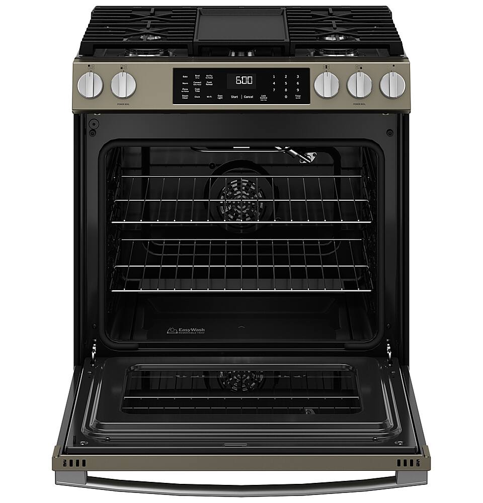 Alt View 23. GE - 5.3 Cu. Ft. Slide-In Gas Convection Range with Steam Cleaning and EasyWash Tray - Slate.