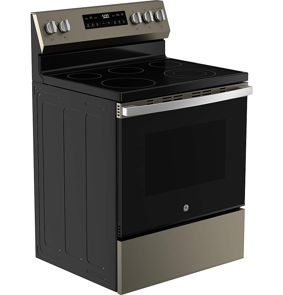Angle. GE - 5.3 Cu. Ft. Freestanding Electric Range with Self-Clean and Steam Cleaning Option and Crisp Mode - Slate.