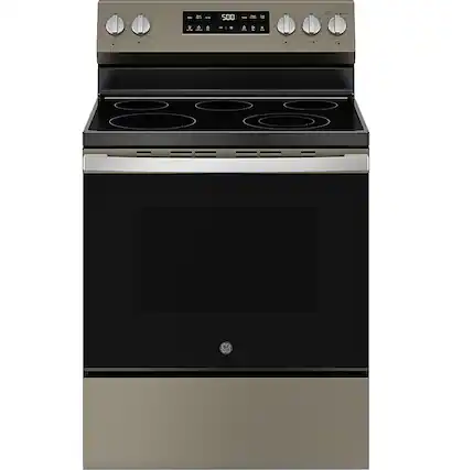 Front. GE - 5.3 Cu. Ft. Freestanding Electric Range with Self-Clean and Steam Cleaning Option and Crisp Mode - Slate.